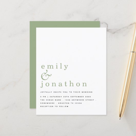 Papier Budget Simple Texte Sage Vert Faire-part de mariag (Devant/Arrière en situation)