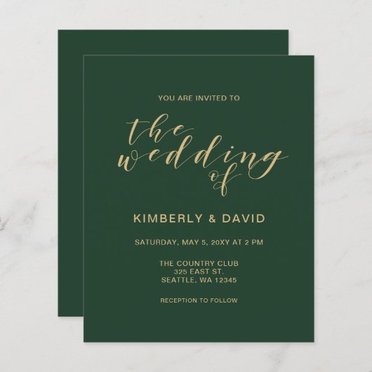 Papier Budget Simple Vert et Or Faire-part de mariage (Devant / Derrière)