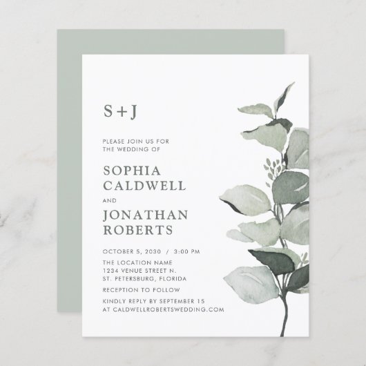 Papier Budget Site Web RSVP Sage Eucalyptus Mariage Invit (Devant / Derrière)