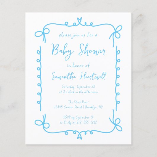 Papier Budget Sky Blue Baby shower de garçon manuscrit In (Devant)