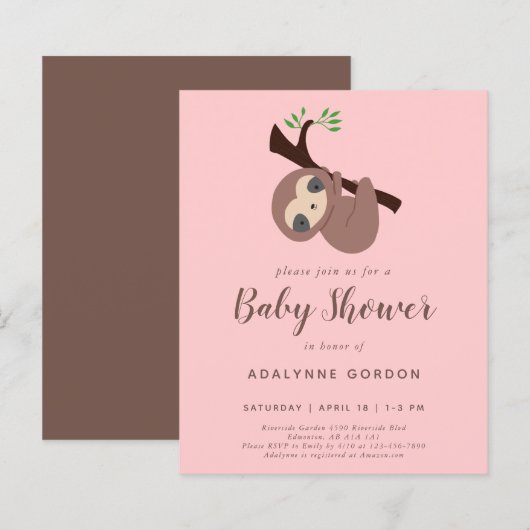 Papier Budget Sloth Baby shower fille rose Brown mignonne (Devant / Derrière)
