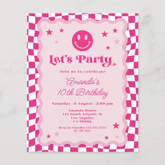 Papier Budget Smile Face Hot rose Retro Invitation d'anni (Devant)