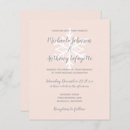 Papier Budget Snowflake Blush Hiver Mariage Invitation (Devant / Derrière)