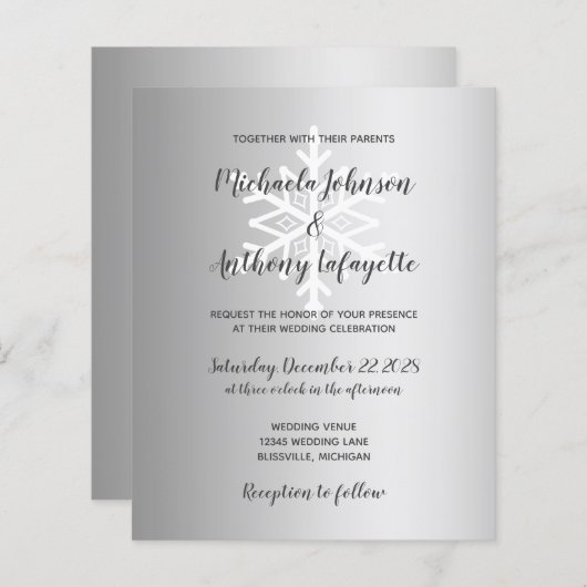 Papier Budget Snowflake Silver Hiver Mariage Invitation (Devant / Derrière)