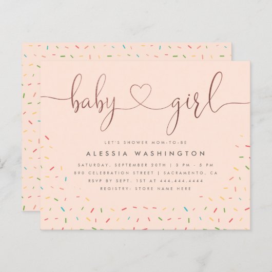 Papier Budget Sprinkle Rose Gold Script Baby shower fille (Devant / Derrière)