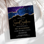 Papier Budget Starry Gold Agate Dark Sweet 16 Invitation<br><div class="desc">Cette invitation branchée à la fête d'anniversaire en Sweet sixteen présente une aquarelle d'une géode d'agate aux tons bleu et violet, parsemée d'étoiles scintillantes et parée de reflets de parties scintillant en or. Les mots "Sweet sixteen" apparaissent dans la parties scintillant en faux or dans la police décorative moderne d'écriture...</div>