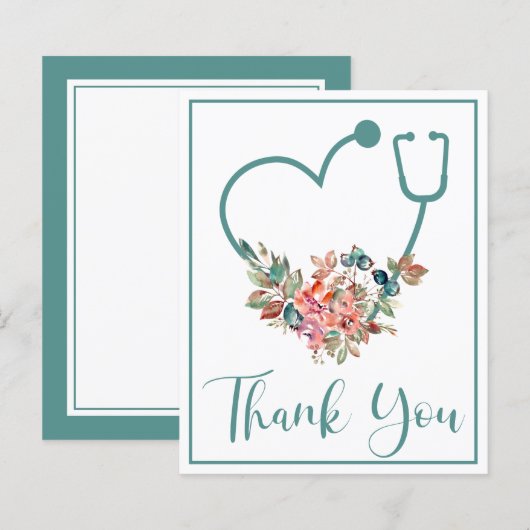 Papier BUDGET Stethoscope Floral Turquoise Merci cardiaqu (Devant / Derrière)