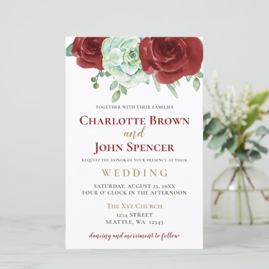 Papier Budget succulent faire-part de mariage bordeaux (Debout devant)