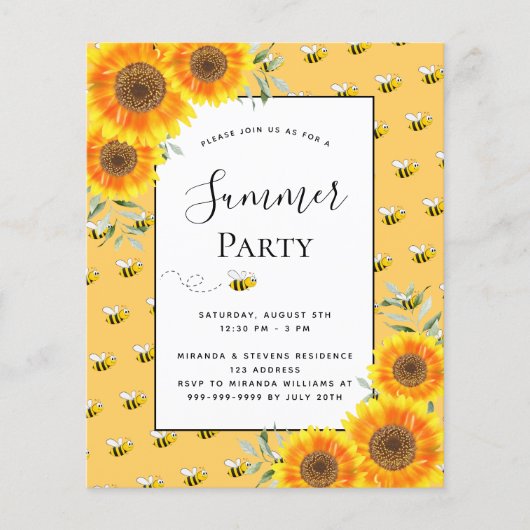 Papier Budget Summer party abeilles tournesols jardin bar (Devant)