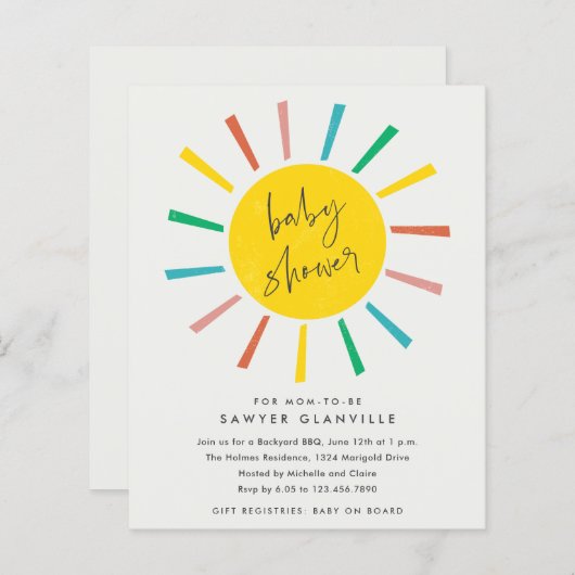 Papier Budget Sun Script Moderne Baby shower Invitation (Devant / Derrière)