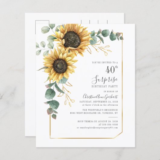 Papier Budget Sunflower 40e anniversaire Invitation de fê (Devant / Derrière)