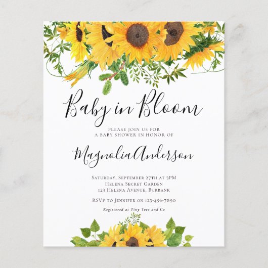 Papier BUDGET Sunflower Baby in Bloom Shower Invitation (Devant)