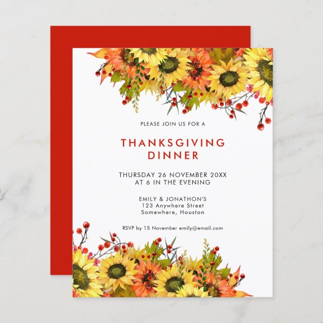 Papier Budget Sunflower Berry Thanksgiving Dîner Invitati (Devant / Derrière)