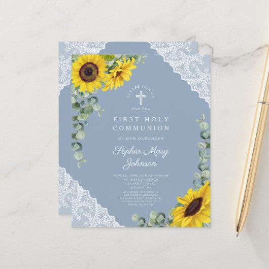 Papier Budget Sunflower Blue Lace Première communion (Devant/Arrière en situation)