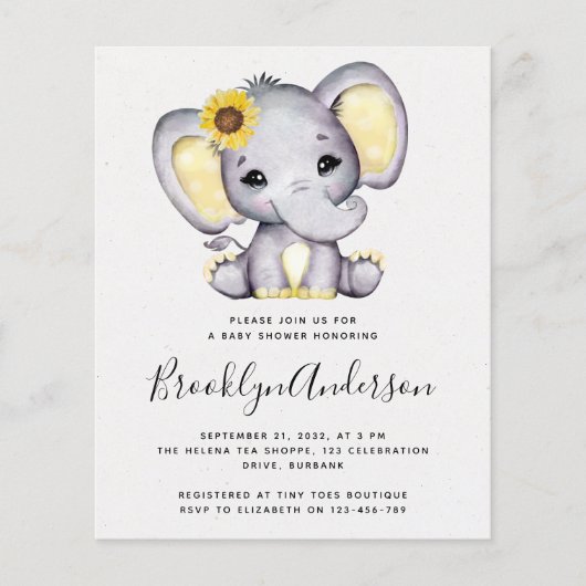 Papier BUDGET Sunflower Elephant Baby shower Invitation (Devant)