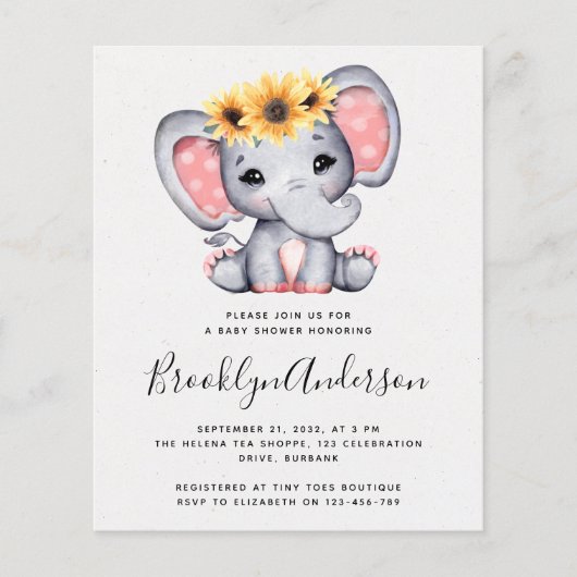 Papier BUDGET Sunflower Elephant Baby shower Invitation (Devant)