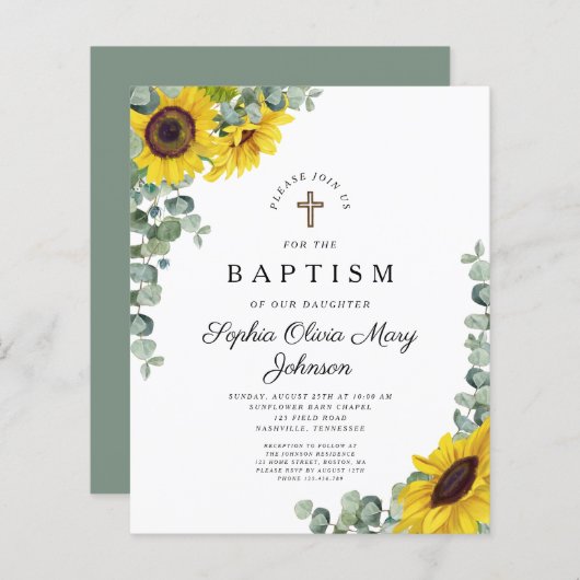 Papier Budget Sunflower Eucalyptus Baptême religieux (Devant / Derrière)