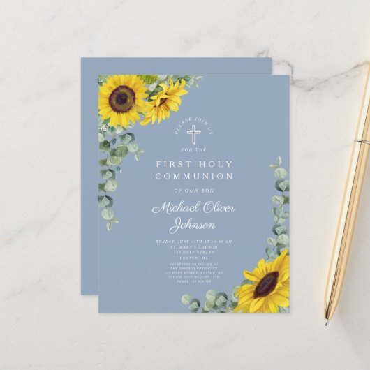 Papier Budget Sunflower Eucalyptus Blue First Communion (Devant/Arrière en situation)