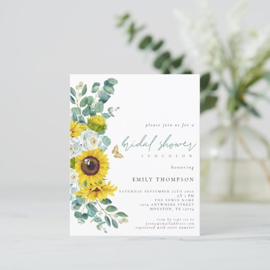 Papier Budget Sunflower Eucalyptus Script Fête des mariée (Debout devant)