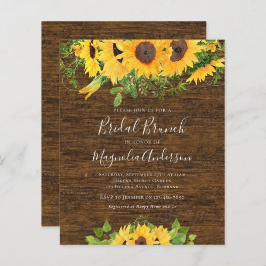 Papier Budget Sunflower Fête des mariées Brunch Invitatio (Devant / Derrière)