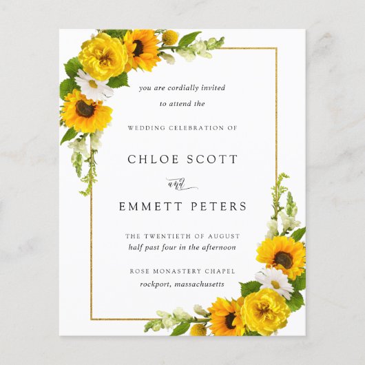 Papier Budget Sunflower Floral Russe Faire-part de mariag (Devant)