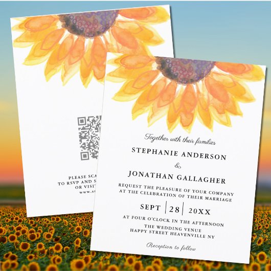 Papier Budget Sunflower QR Code Faire-part de mariage
