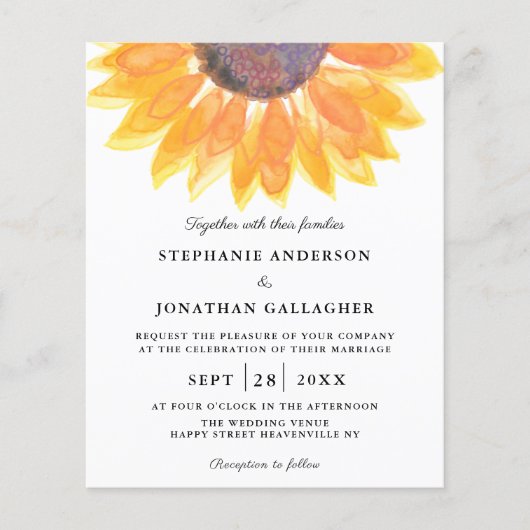 Papier Budget Sunflower QR Code Faire-part de mariage (Devant)