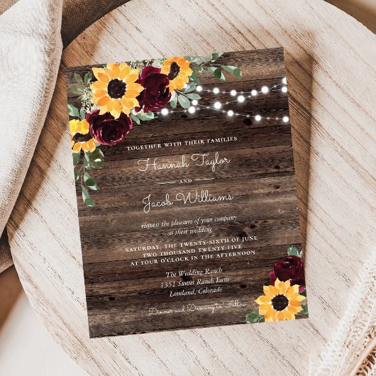 Papier Budget Sunflower Roses Faire-part de mariage du bo