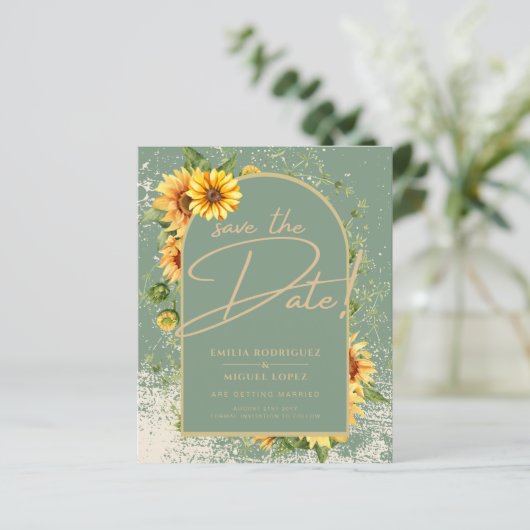 Papier BUDGET Sunflower Sage Mariage Enregistrer La Date (Debout devant)