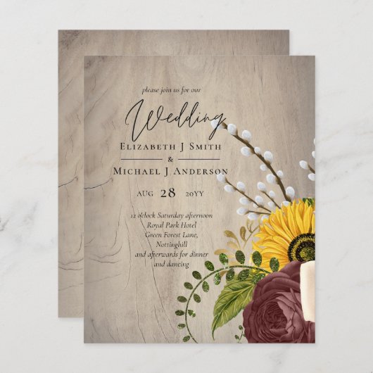Papier BUDGET Sunflowers Bourgogne Marsala Mariage Invita (Devant / Derrière)