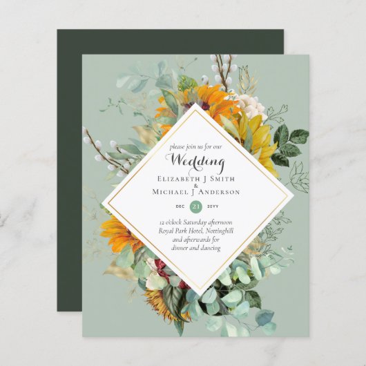 Papier Budget Sunflowers Greenery Mariage Invite (Devant / Derrière)