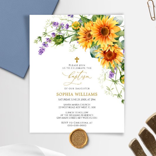Papier Budget Sunflowers & Lavander Baptism Invitation