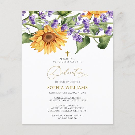 Papier Budget Sunflowers & Lavander Dedication Invitation (Devant)
