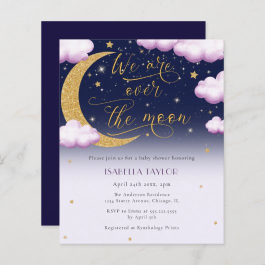 Papier Budget sur la lune Invitation Baby shower fille (Devant / Derrière)