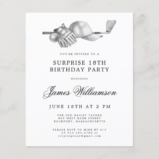 Papier BUDGET Surprise Golf 18e anniversaire Invitation (Devant)