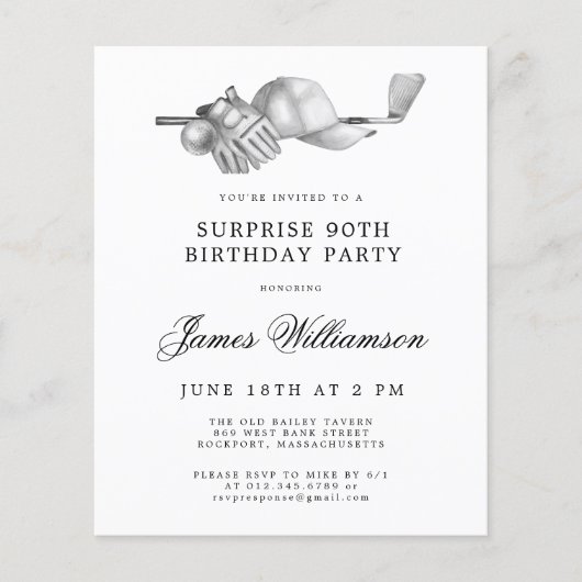 Papier BUDGET Surprise Golf 90e anniversaire Invitation (Devant)