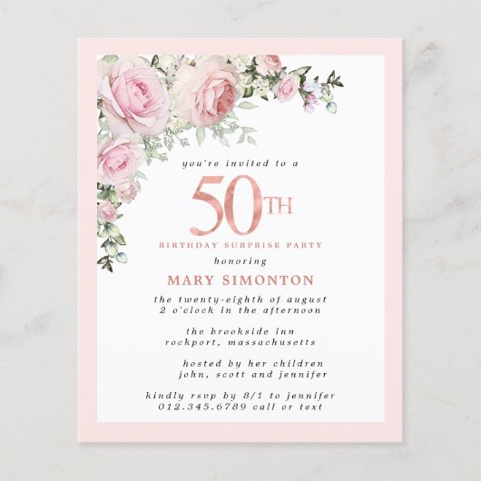 Papier BUDGET SURPRISE PARTY 50e anniversaire rose floral (Devant)