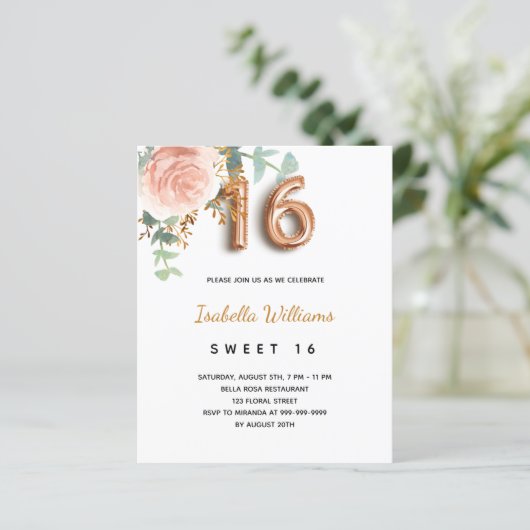 Papier Budget Sweet 16 16e rose fleuri en or eucalyptus (Debout devant)