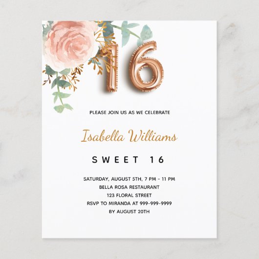 Papier Budget Sweet 16 16e rose fleuri en or eucalyptus (Devant)
