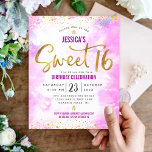 Papier Budget Sweet 16 Aquarelle rose Invitation de scrip<br><div class="desc">"Bonne Douce 16". Envoyez cette invitation étonnante, pétillante, girly, festive, moderne, personnalisée, budget personnalisé pour un événement à retenir. Un arrière - plan d'aquarelle rose pâle est superposé d'un faux papier doré et de minuscules points de parties scintillant de confettis et d'un script de typographie. Personnalisez le texte personnalisé avec...</div>