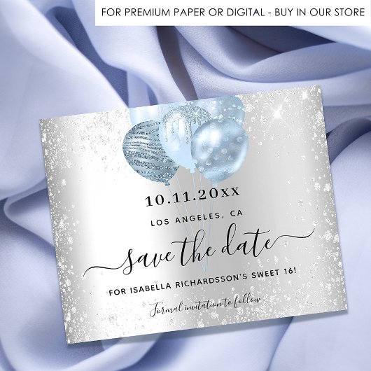 Papier Budget Sweet 16 argent bleu enregistrer la date
