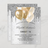Papier Budget Sweet 16 argent or ballons invitation (Devant / Derrière)