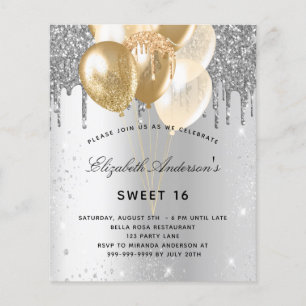 Papier Budget Sweet 16 argent or ballons invitation