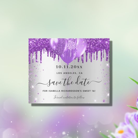 Papier Budget Sweet 16 argent violet enregistrer la date