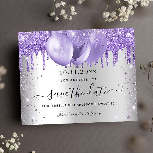Papier Budget Sweet 16 argent violet enregistrer la date