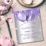 Papier Budget Sweet 16 argent violet invitation<br><div class="desc">Un arrière - plan élégant à l'allure fausse argent. Décoré de violet,  de faux parties scintillant couleur lavande et de ballons. Personnalisez et ajoutez un nom,  un âge et des détails de la fête. Le nom est écrit avec un script de style manuscrit</div>