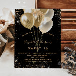 Papier Budget Sweet 16 ballons de parties scintillant en<br><div class="desc">Pour une soirée Sweet 16,  16ème anniversaire. Un arrière - plan noir élégant. Décoré de parties scintillant dorée foncée,  de mousseux et de ballons. Personnalisez et ajoutez un nom,  un âge et des détails de la fête. Le nom est écrit avec un script de style manuscrit</div>