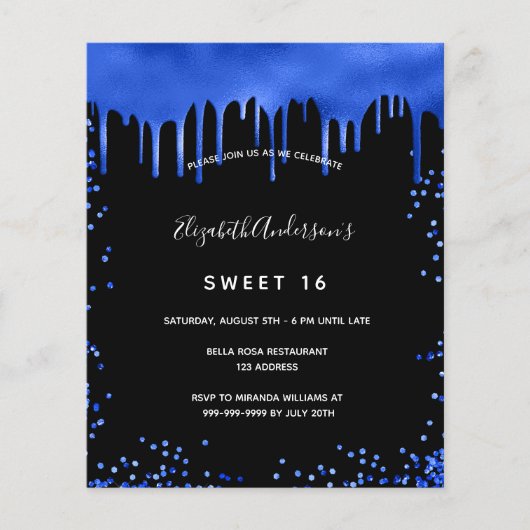 Papier Budget Sweet 16 black royal bleu invitation (Devant)