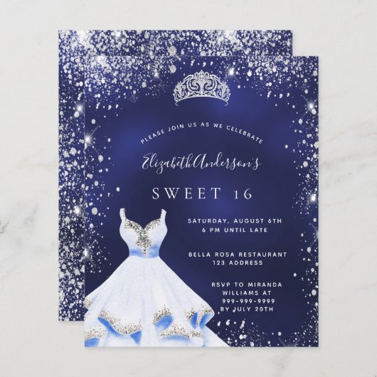 Papier Budget Sweet 16 bleu argent parties scintillant ro (Devant / Derrière)
