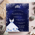 Papier Budget Sweet 16 bleu argent robe tiara invitation<br><div class="desc">Une invitation tendance et glamour pour une Soirée 16, 16e anniversaire Sweet. Un arrière - plan bleu marine avec de la poussière de parties scintillant en faux argent, une tiare et une robe. La couleur bleue est inégale. Le nom est écrit avec un script de style moderne écrit à la...</div>